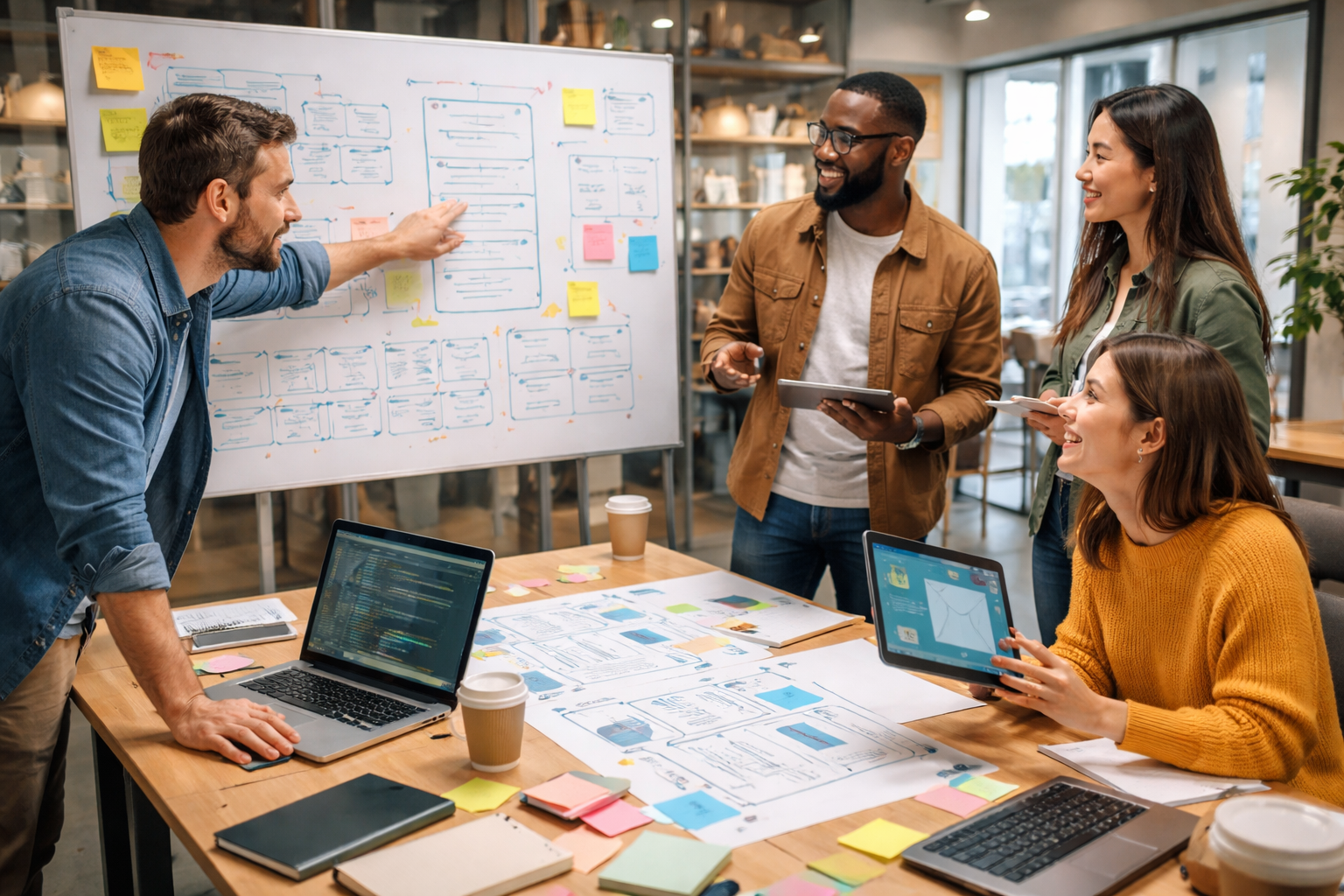 Cadrage d’un projet logiciel sur-mesure Équipe de startup en train de cadrer un projet logiciel sur-mesure lors d’un atelier de conception